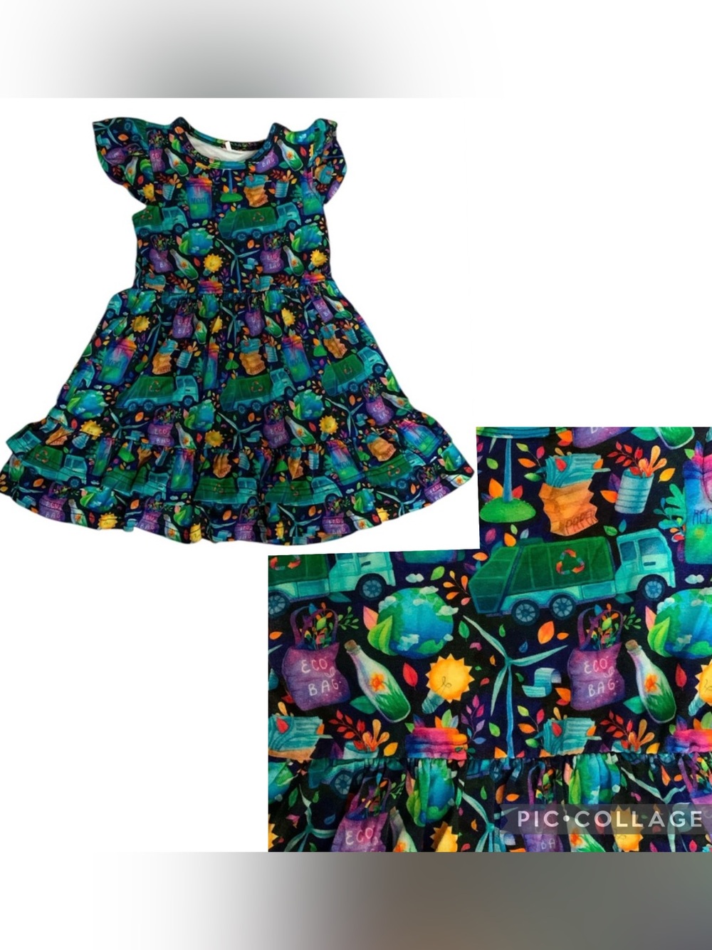 Ollie and Belle Bamboo Recycling Truck Planet Multicolor Dress 12-18 Months